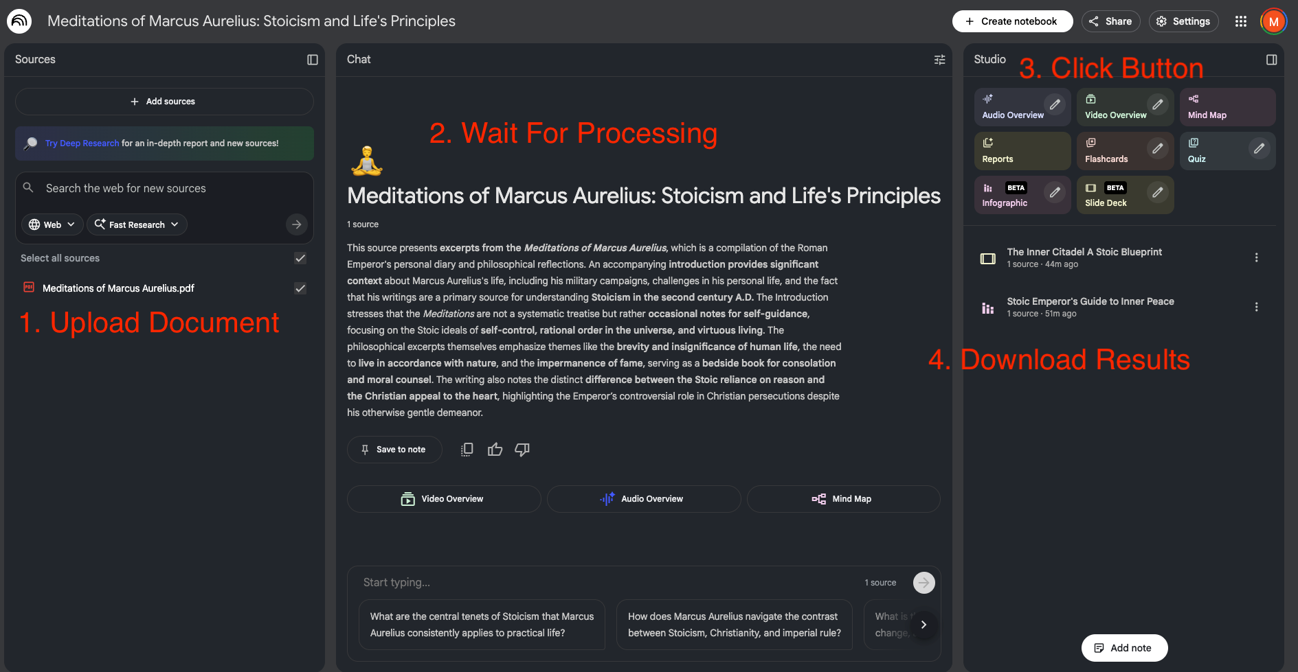 NotebookLM interface showing the workflow