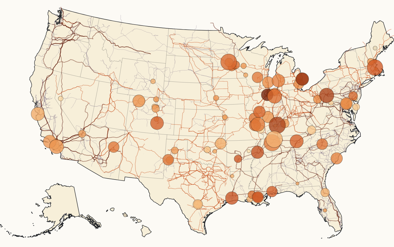 Retiring US fossil plants mapped against the high-voltage transmission network on WattsOpen